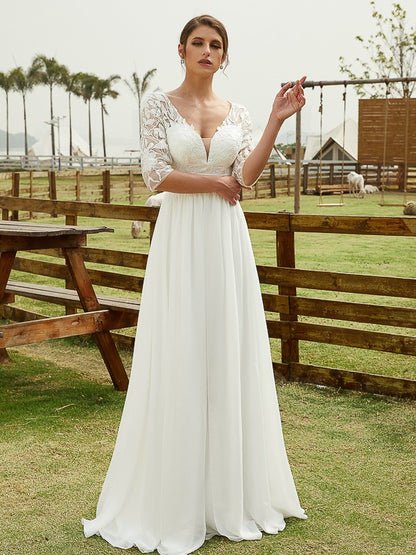 Chiffon Lace V-neck 1/2 Sleeves Floor-Length Wedding Dresses