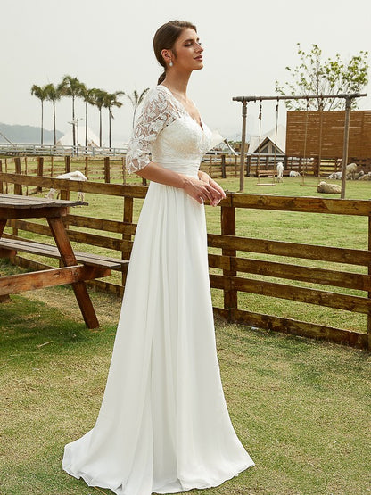 Chiffon Lace V-neck 1/2 Sleeves Floor-Length Wedding Dresses