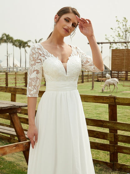 Chiffon Lace V-neck 1/2 Sleeves Floor-Length Wedding Dresses