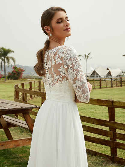 Chiffon Lace V-neck 1/2 Sleeves Floor-Length Wedding Dresses