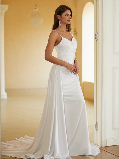 Charmeuse Ruched V-neck Sleeveless Court Train Wedding Dresses