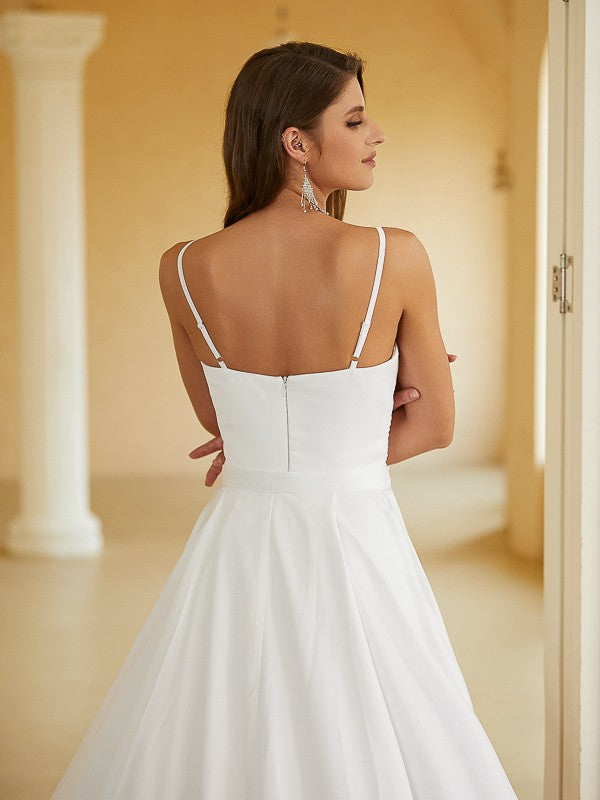 Charmeuse Ruched V-neck Sleeveless Court Train Wedding Dresses