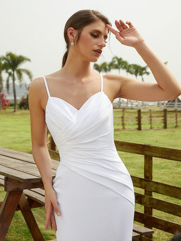 Charmeuse Ruched V-neck Sleeveless Court Train Wedding Dresses