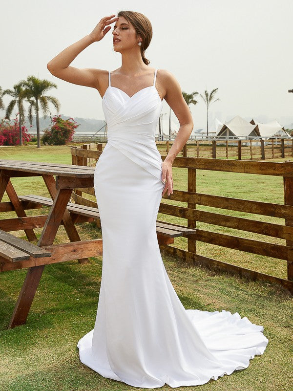 Charmeuse Ruched V-neck Sleeveless Court Train Wedding Dresses