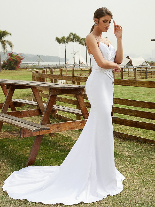 Charmeuse Ruched V-neck Sleeveless Court Train Wedding Dresses