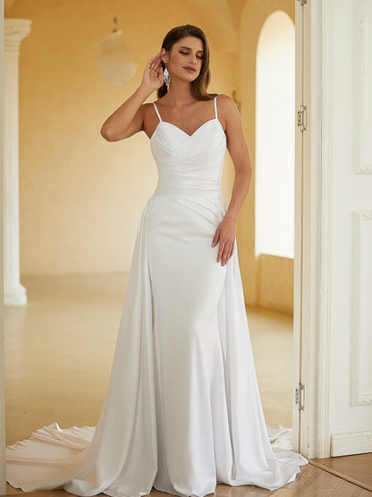 Charmeuse Ruched V-neck Sleeveless Court Train Wedding Dresses