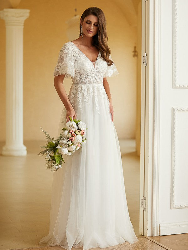 Weitese A-Line/Princess Tulle Lace V-neck Short Sleeves Floor-Length Wedding Dresses