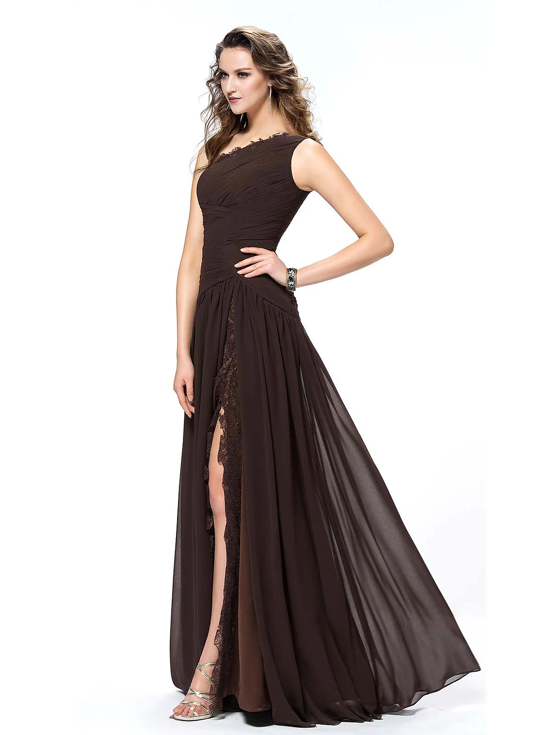 Weitese A-Line Elegant Sexy Party Wear Formal Evening Dress One Shoulder Backless Sleeveless Floor Length Chiffon with Slit Lace Insert