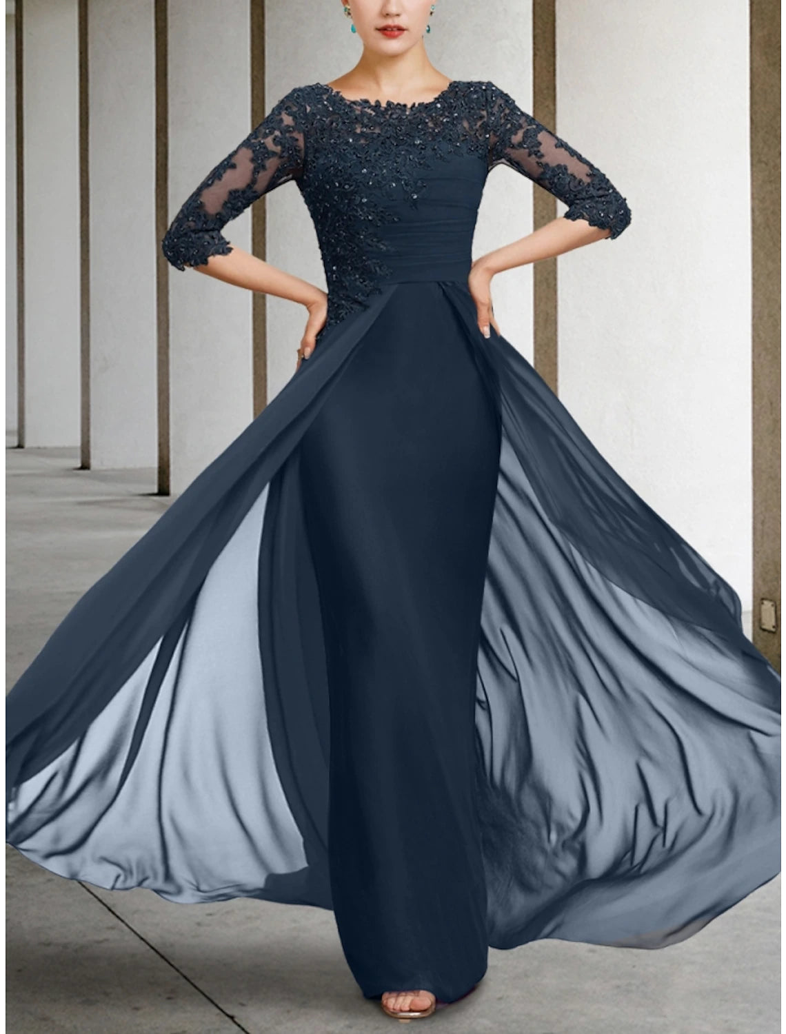 Weitese Sheath / Column Mother of the Bride Dress Wedding Guest Elegant Jewel Neck Floor Length Chiffon Lace Half Sleeve with Sequin Ruching Solid Color