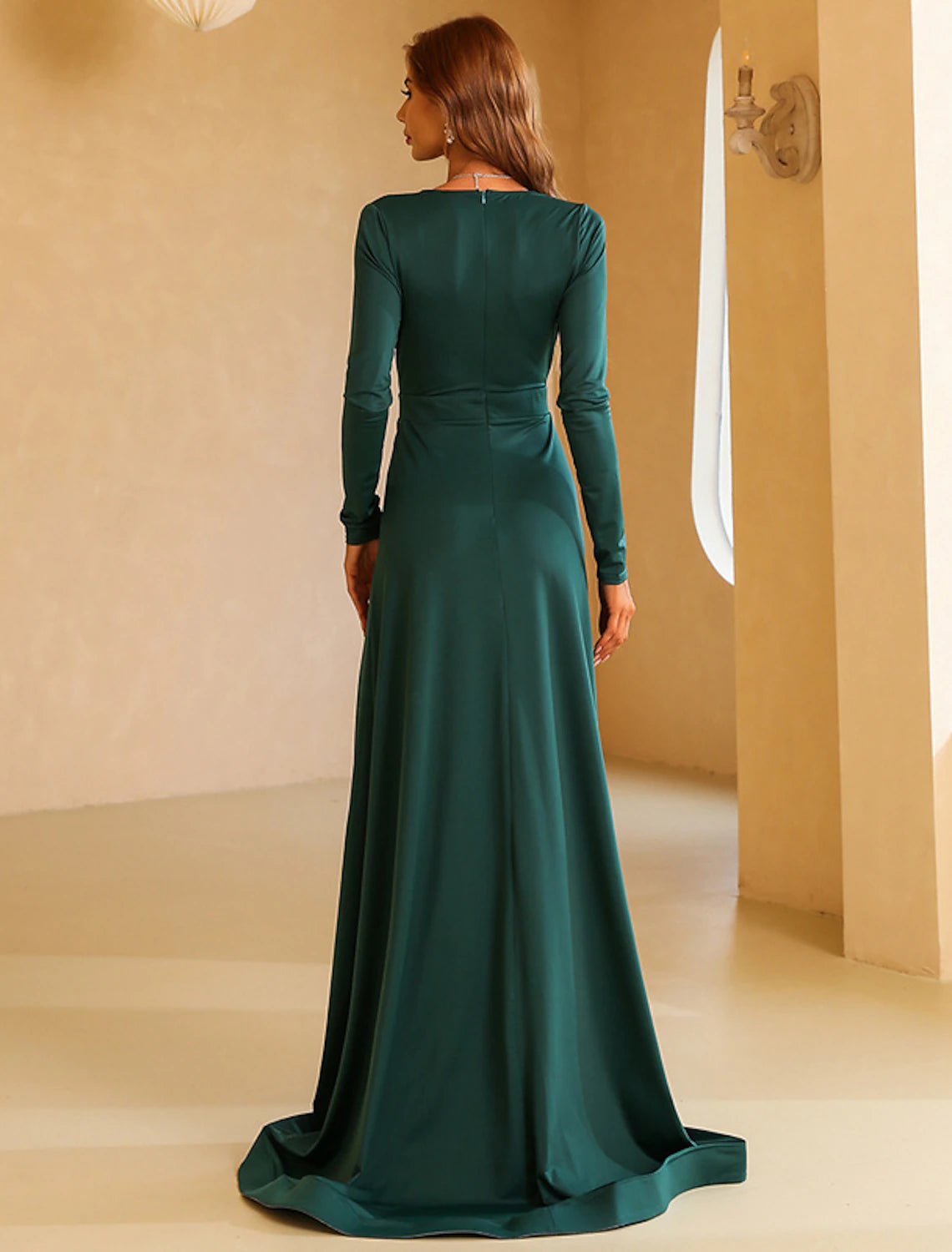 Weitese A-Line Evening Gown Elegant Dress Wedding Guest Engagement Sweep / Brush Train Long Sleeve V Neck Polyester with Slit Pure Color