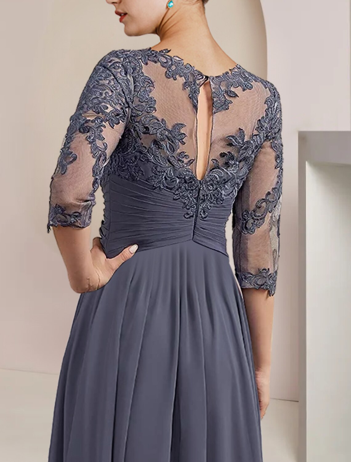 Weitese Two Piece A-Line Mother of the Bride Dress Formal Wedding Guest Elegant Scoop Neck Tea Length Chiffon Lace 3/4 Length Sleeve Wrap Included with Appliques Ruching