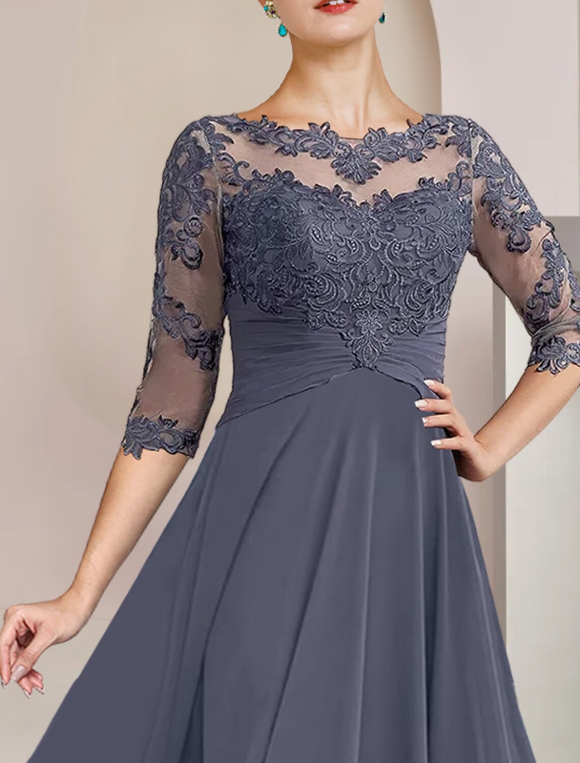 Weitese Two Piece A-Line Mother of the Bride Dress Formal Wedding Guest Elegant Scoop Neck Tea Length Chiffon Lace 3/4 Length Sleeve Wrap Included with Appliques Ruching