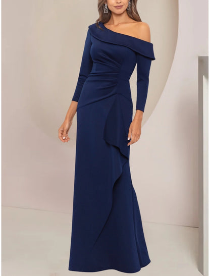 A-Line Mother of the Bride Dress Wedding Guest Elegant Party Off Shoulder Floor Length Stretch Fabric Long Sleeve