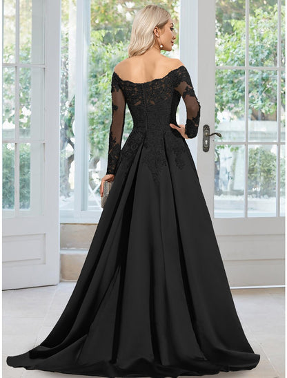 Weitese A-Line Evening Gown Floral Dress Formal Wedding Guest Court Train Long Sleeve Off Shoulder Satin with Appliques