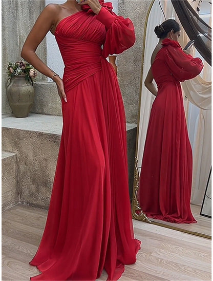 Weitese Women's Prom Dress Party Dress Wedding Guest Dress Long Dress Maxi Dress Red Long Sleeve Pure Color Ruched Spring Fall Winter One Shoulder Red Valentines Dress Valentine's Day Wedding Guest Evening