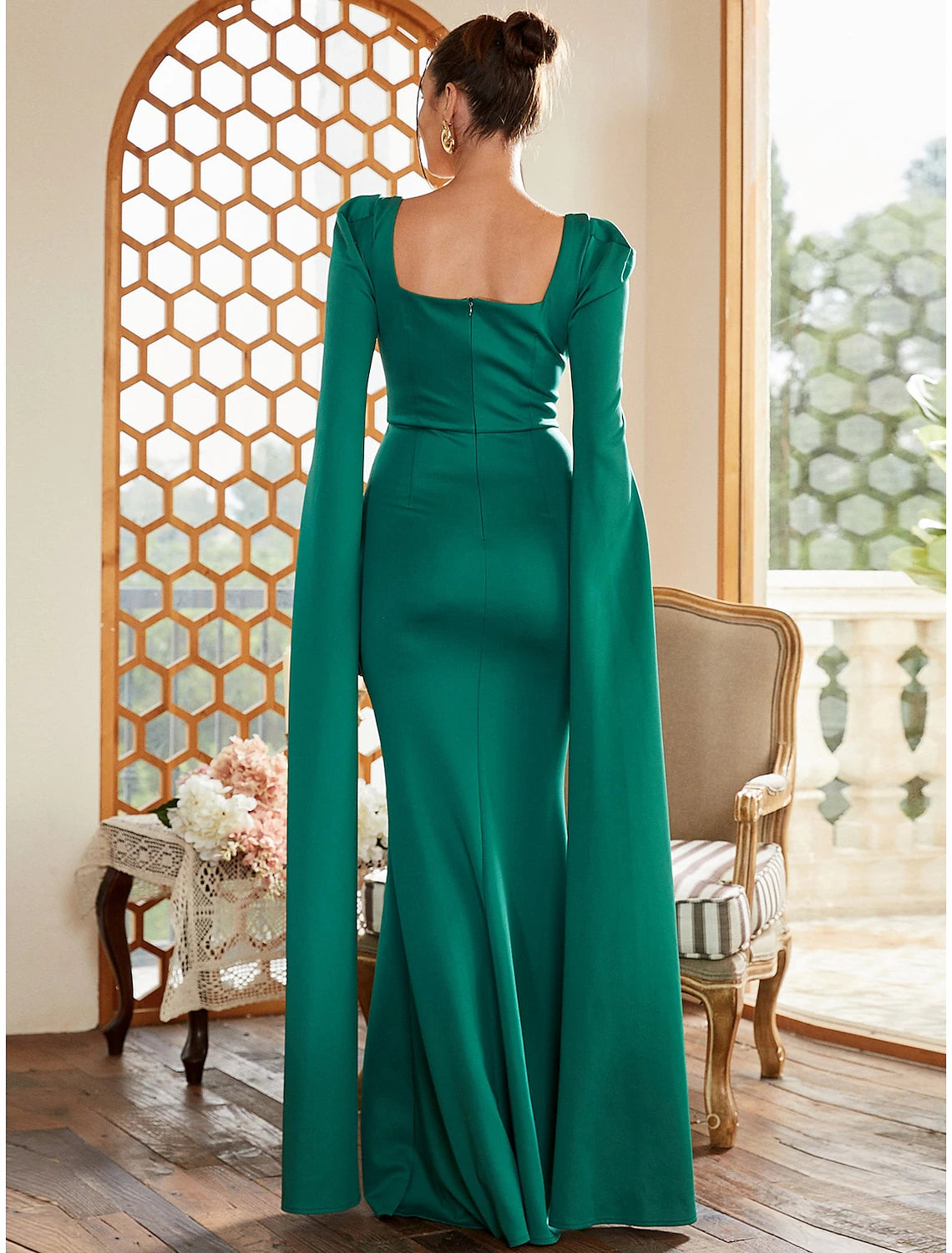 Weitese Sheath / Column Evening Gown Elegant Dress Formal Fall Floor Length Long Sleeve Square Neck Stretch Fabric with Pleats