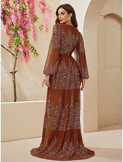 Weitese A-Line Wedding Guest Dresses Sparkle & Shine Dress Formal Evening Party Sweep / Brush Train Long Sleeve V Neck Polyester with Rhinestone Slit