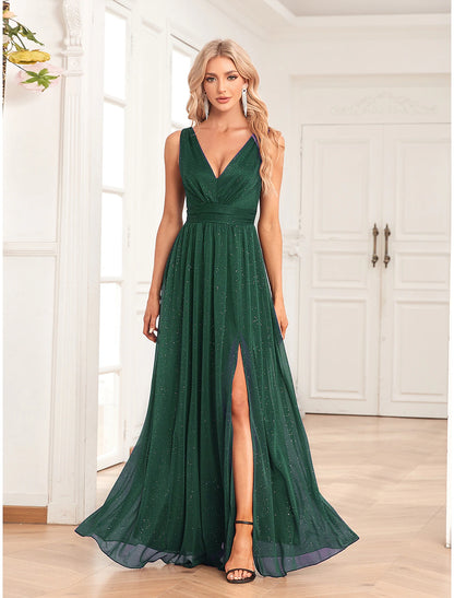 Weitese A-Line Evening Gown Empire Dress Wedding Guest Party Wear Floor Length Sleeveless V Neck Spandex V Back with Glitter Slit