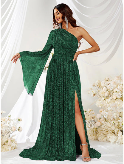 Weitese A-Line Wedding Guest Dresses Sparkle & Shine Dress Formal Evening Party Sweep / Brush Train Long Sleeve One Shoulder Polyester with Glitter Slit