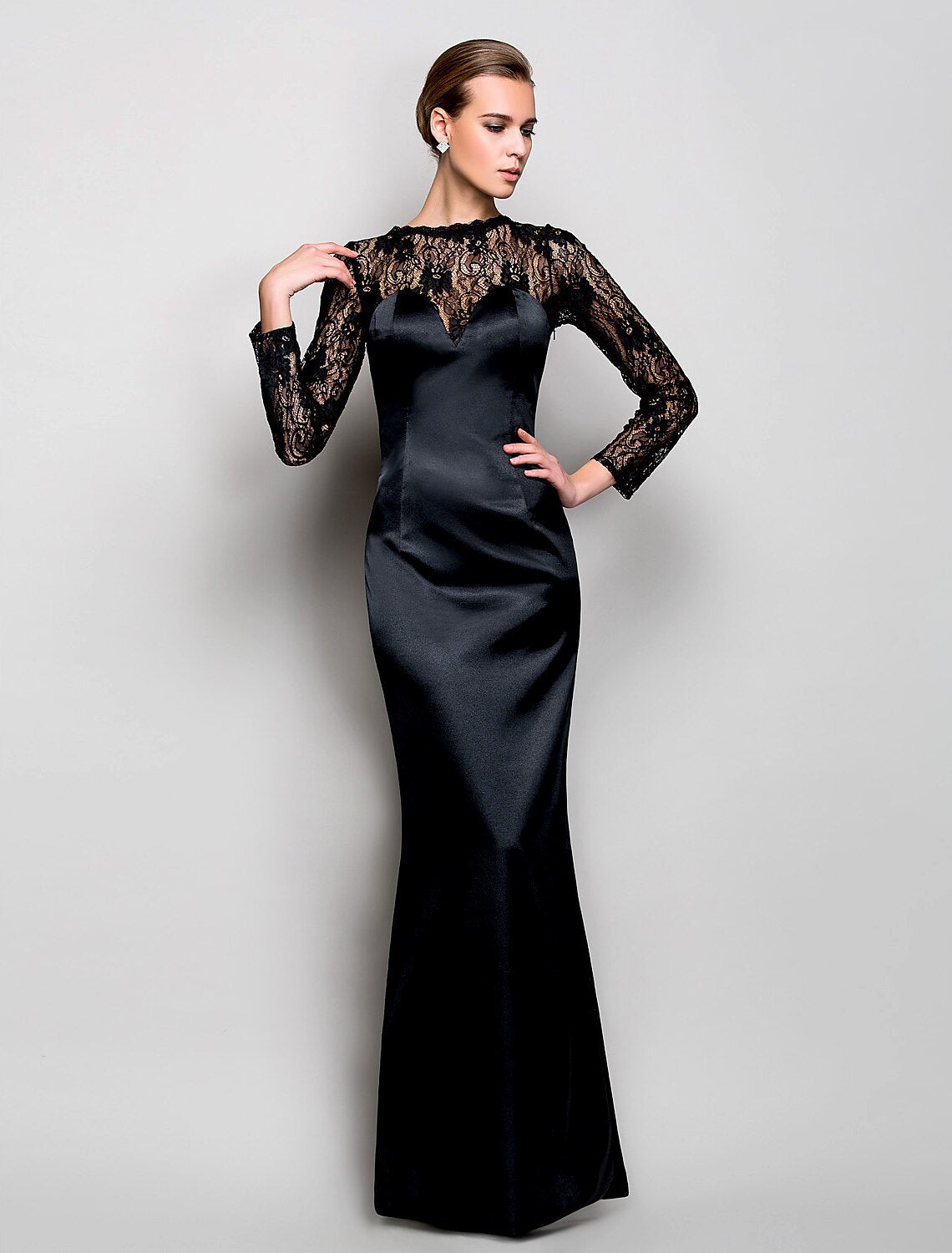 Weitese Sheath / Column See Through Dress Formal Evening Military Ball Floor Length Long Sleeve Illusion Neck Lace with Split Front