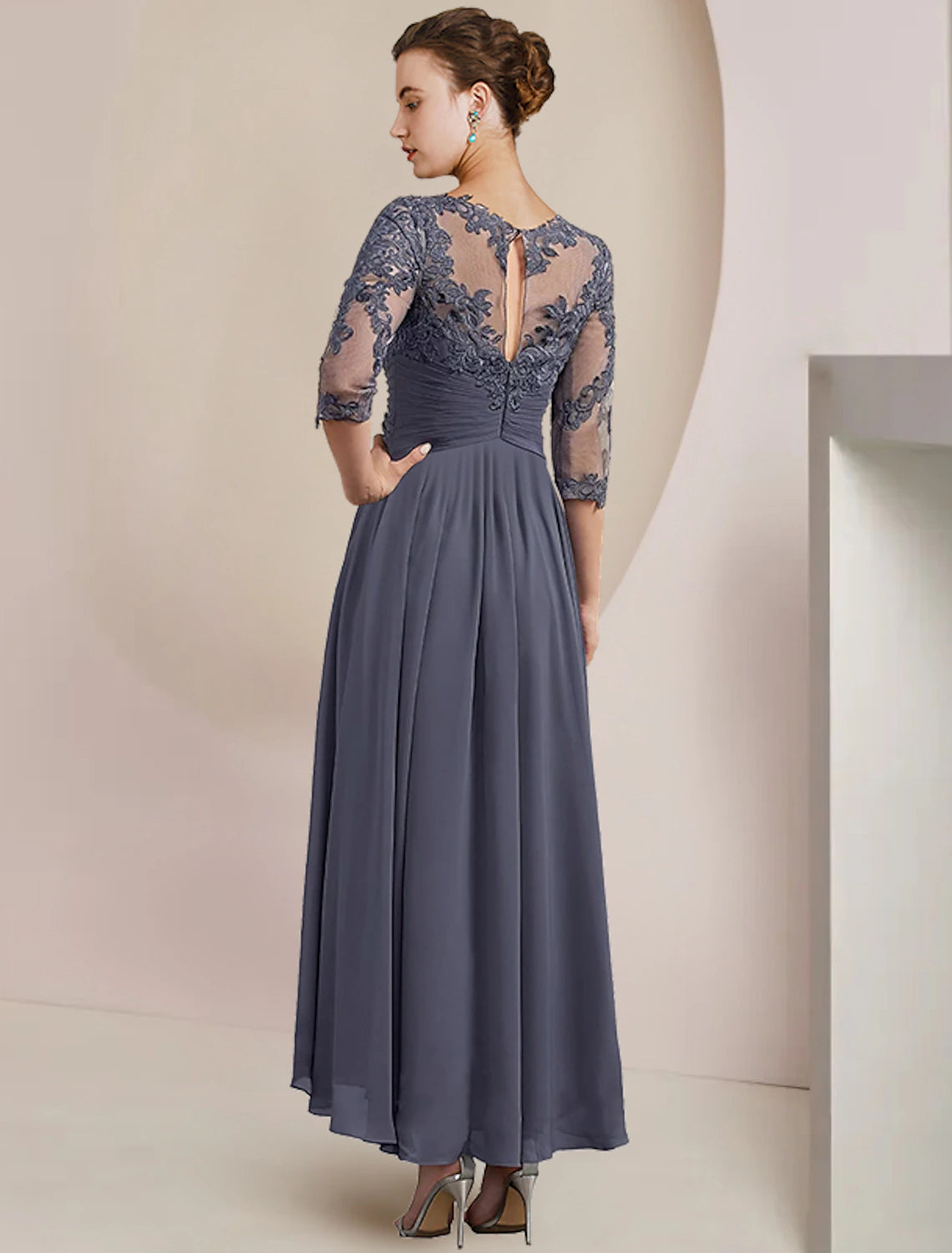 Weitese Two Piece A-Line Mother of the Bride Dress Formal Wedding Guest Elegant Scoop Neck Tea Length Chiffon Lace 3/4 Length Sleeve Wrap Included with Appliques Ruching