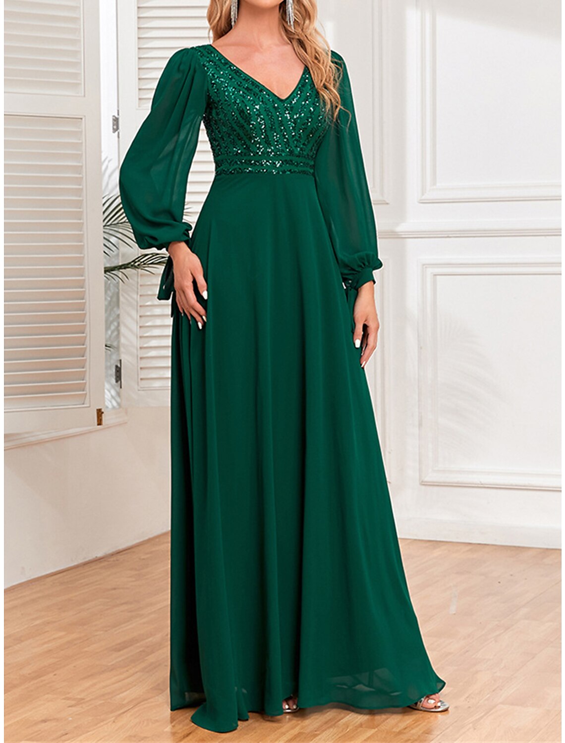 Weitese Women's Sequin Dress Prom Dress Party Dress Sparkly Dress Long Dress Maxi Dress Green Long Sleeve Fall Winter V Neck Fashion Evening Party