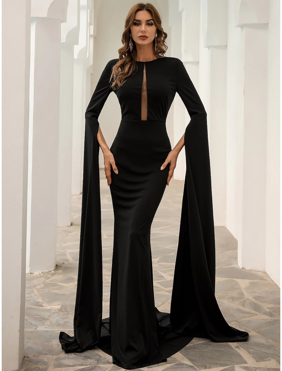 Weitese Black Mermaid / Trumpet Evening Gown Elegant Dress Formal Fall Court Train Long Sleeve Jewel Neck Stretch Fabric with Pleats