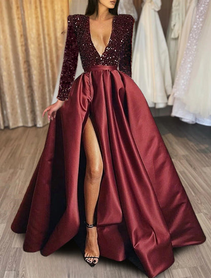 A-Line Evening Gown Red Green Dress Formal Black Dress Plus Size Wedding Court Train Half Sleeve V Neck Satin