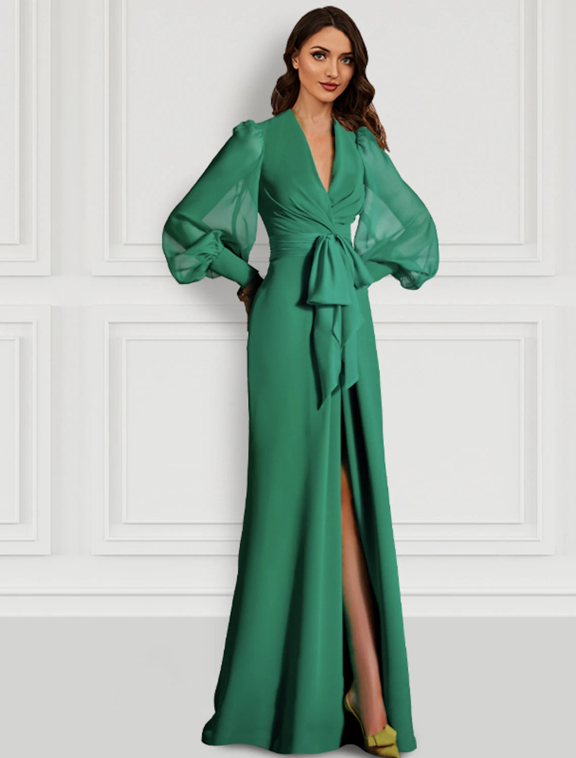 Mermaid Red Green Dress Evening Gown Elegant Dress With Bow Formal Wedding Guest Sweep / Brush Train Long Sleeve V Neck Fall Wedding Guest Chiffon