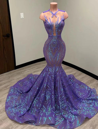 Mermaid Evening Gown Sparkle Prom Dress Carnival Formal Court Train Sleeveless Illusion Neck African American Sequined