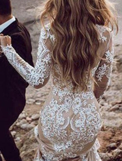 Beach Wedding Dresses in Color Boho Wedding Dresses Mermaid / Trumpet Scoop Neck Long Sleeve Court Train Lace Bridal Gowns