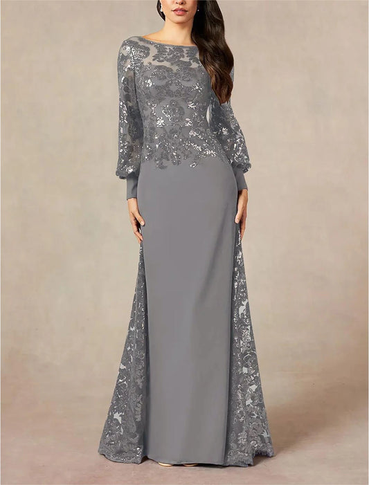 A-Line Mother of the Bride Dress Formal Wedding Guest Elegant Jewel Neck Floor Length Chiffon Sequined Long Sleeve