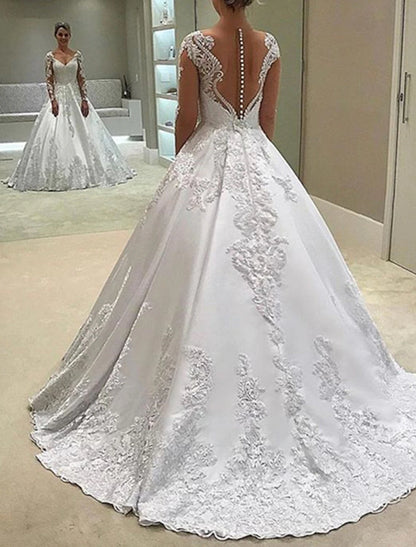 Engagement Formal Wedding Dresses Ball Gown Sweetheart Long Sleeve Court Train Satin Bridal Gowns