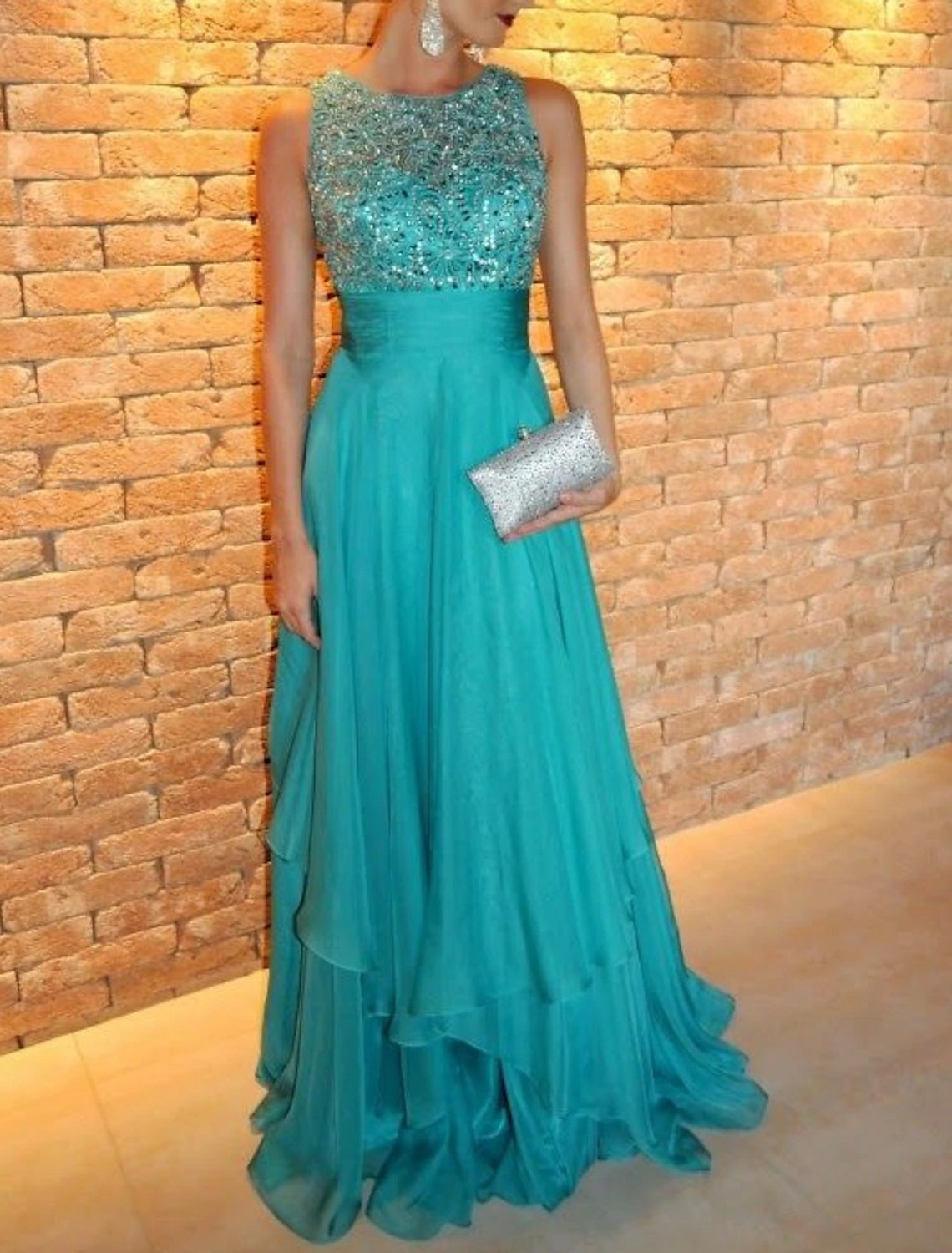 A-Line Evening Gown Elegant Dress Formal Wedding Guest Sweep / Brush Train Sleeveless Jewel Neck Chiffon