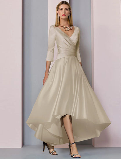 A-Line Mother of the Bride Dress Wedding Guest Elegant High Low V Neck Asymmetrical Ankle Length Satin Half Sleeve