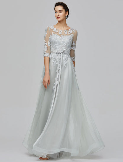 Weitese A-Line Empire Dress Wedding Guest Prom Floor Length Half Sleeve Illusion Neck Tulle with Bow(s) Appliques