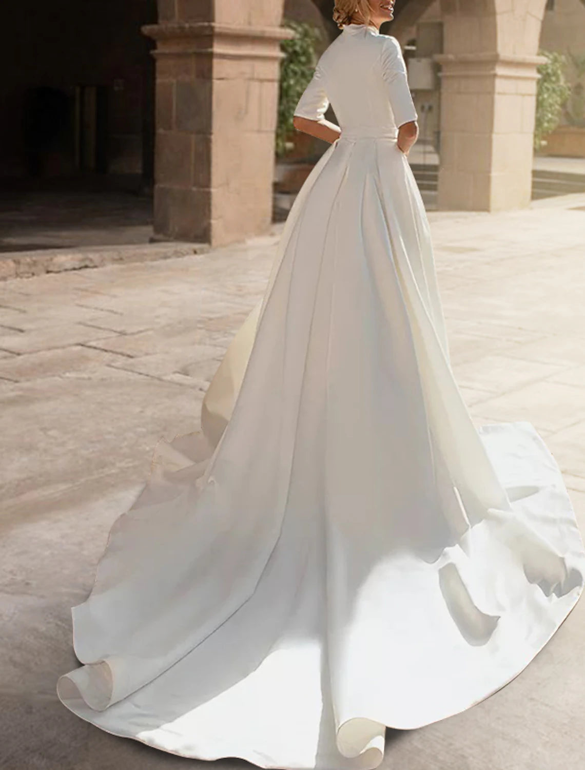 Engagement Royal Style Formal Wedding Dresses A-Line Sweetheart Half Sleeve Court Train Satin Bridal Gowns