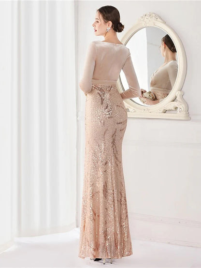 Evening Gown Elegant Dress Wedding Guest Floor Length Long Sleeve V Neck Sequined V Back