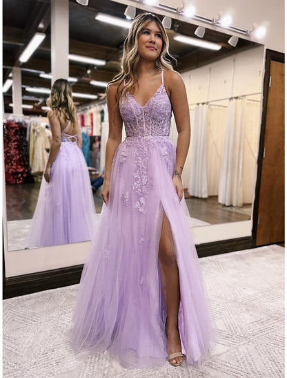 Weitese A-Line Evening Gown Open Back Dress Formal Prom Floor Length Sleeveless V Neck Tulle Backless with Beading Slit Appliques