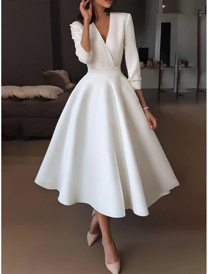 Simple Wedding Dresses Little White Dress A-Line V Neck Half Sleeve Tea Length Satin Bridal Gowns