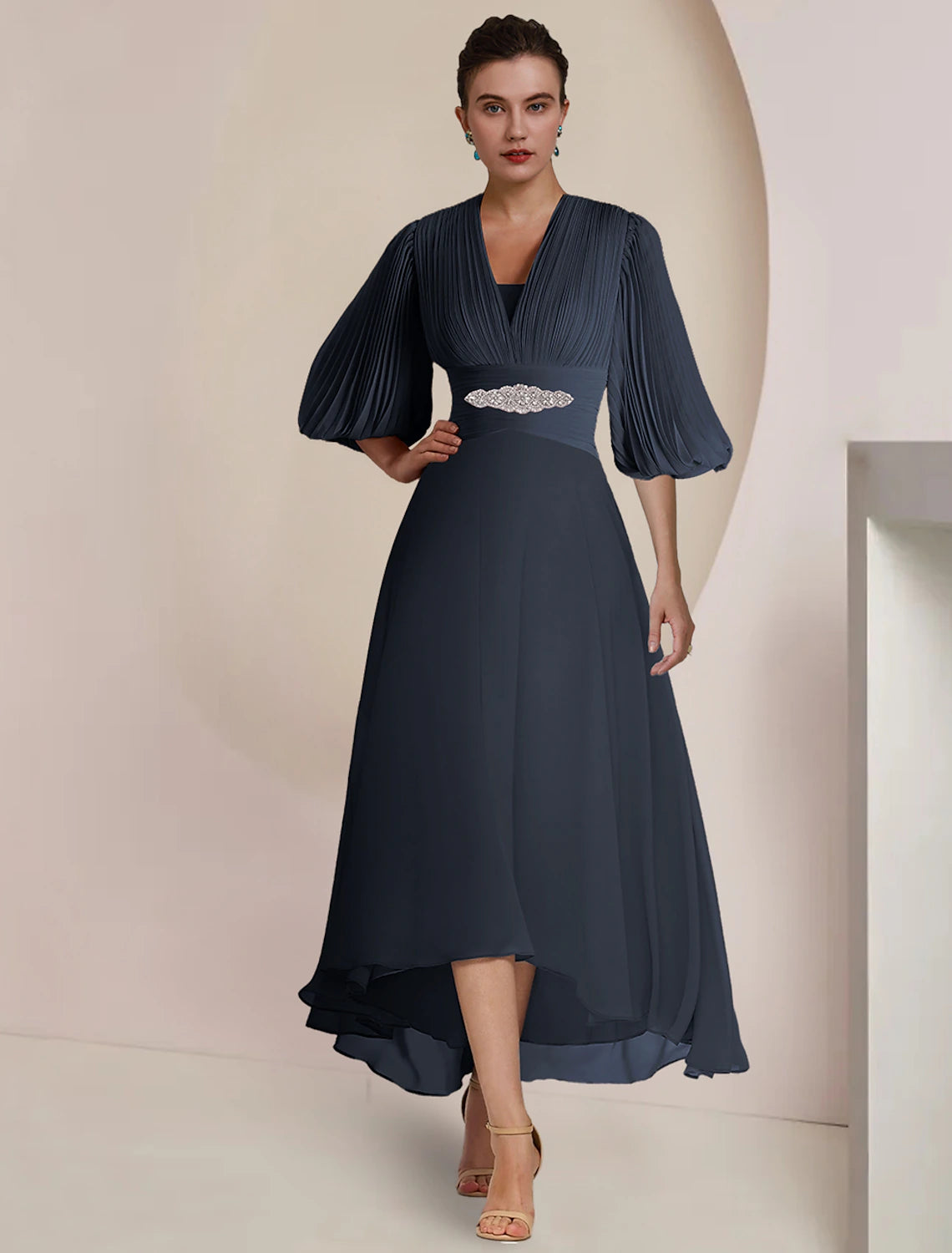 A-Line Mother of the Bride Dress Formal Wedding Guest Elegant Vintage Party V Neck Tea Length Chiffon 3/4 Length Sleeve