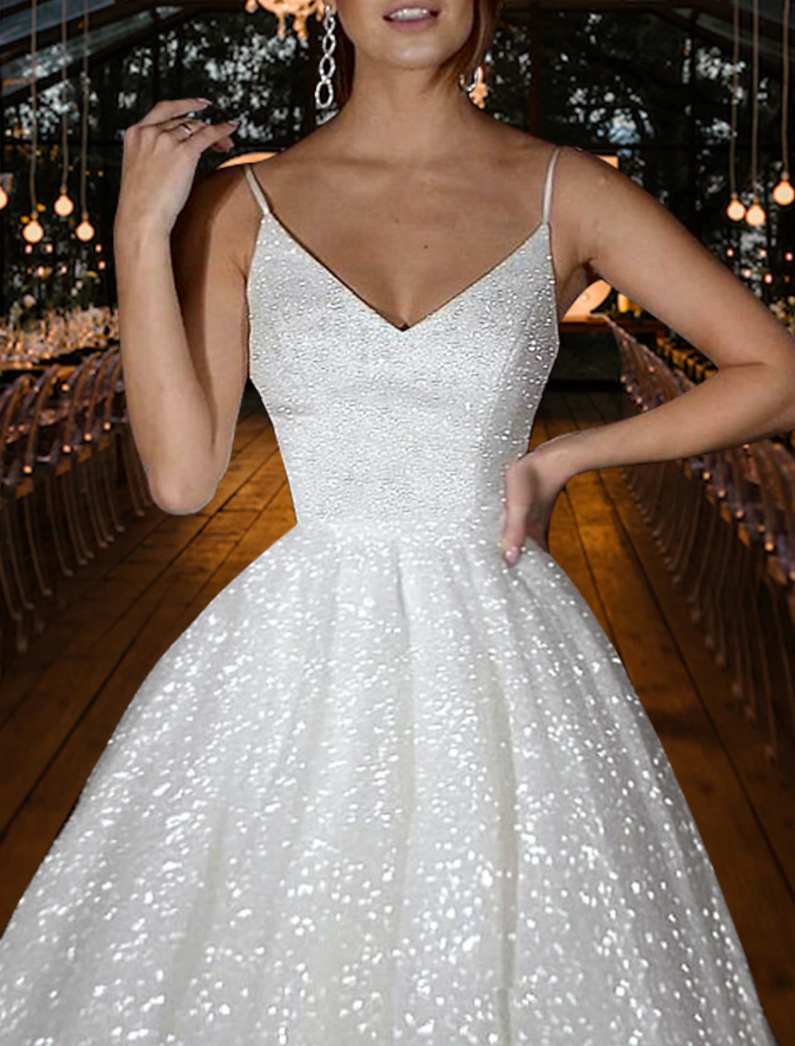 Hall Sparkle & Shine Casual Wedding Dresses A-Line Camisole V Neck Spaghetti Strap Sweep / Brush Train Sequined Bridal Gowns