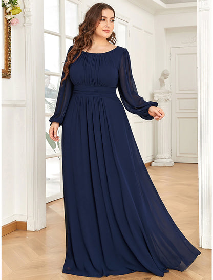 Weitese A-Line Evening Gown Elegant Dress Wedding Guest Formal Evening Floor Length Long Sleeve Jewel Neck Chiffon with Draping Pure Color