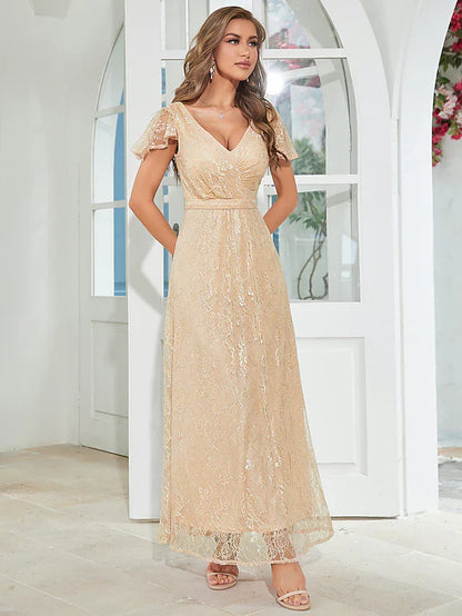 A-Line Wedding Guest Dresses Elegant Dress Party Wear Ankle Length Short Sleeve V Neck Chiffon