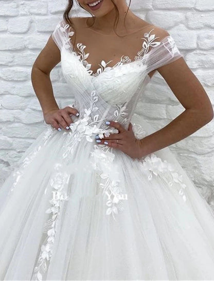 Formal Wedding Dresses Ball Gown V Neck Cap Sleeve Chapel Train Lace Bridal Gowns