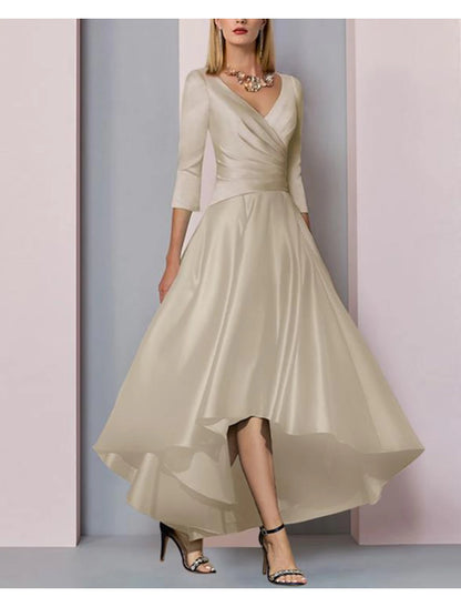 A-Line Mother of the Bride Dress Wedding Guest Elegant High Low V Neck Asymmetrical Ankle Length Satin Half Sleeve