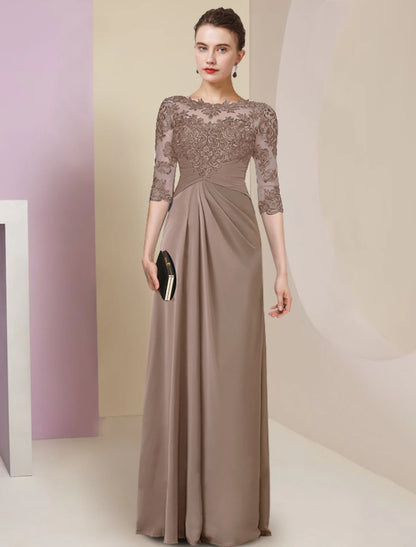 Sheath / Column Mother of the Bride Dress Elegant Simple Jewel Neck Floor Length Chiffon Lace Half Sleeve