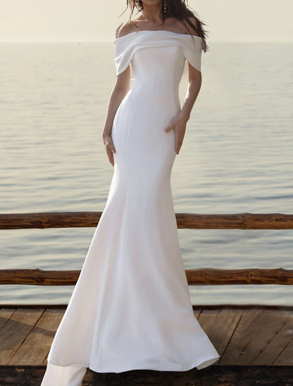 Beach Simple Wedding Dresses Mermaid / Trumpet Off Shoulder Cap Sleeve Court Train Satin Bridal Gowns