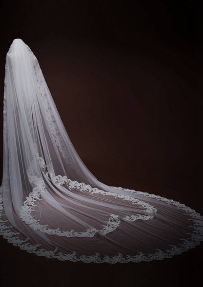 One-tier Cathedral Bridal Veils With Applique