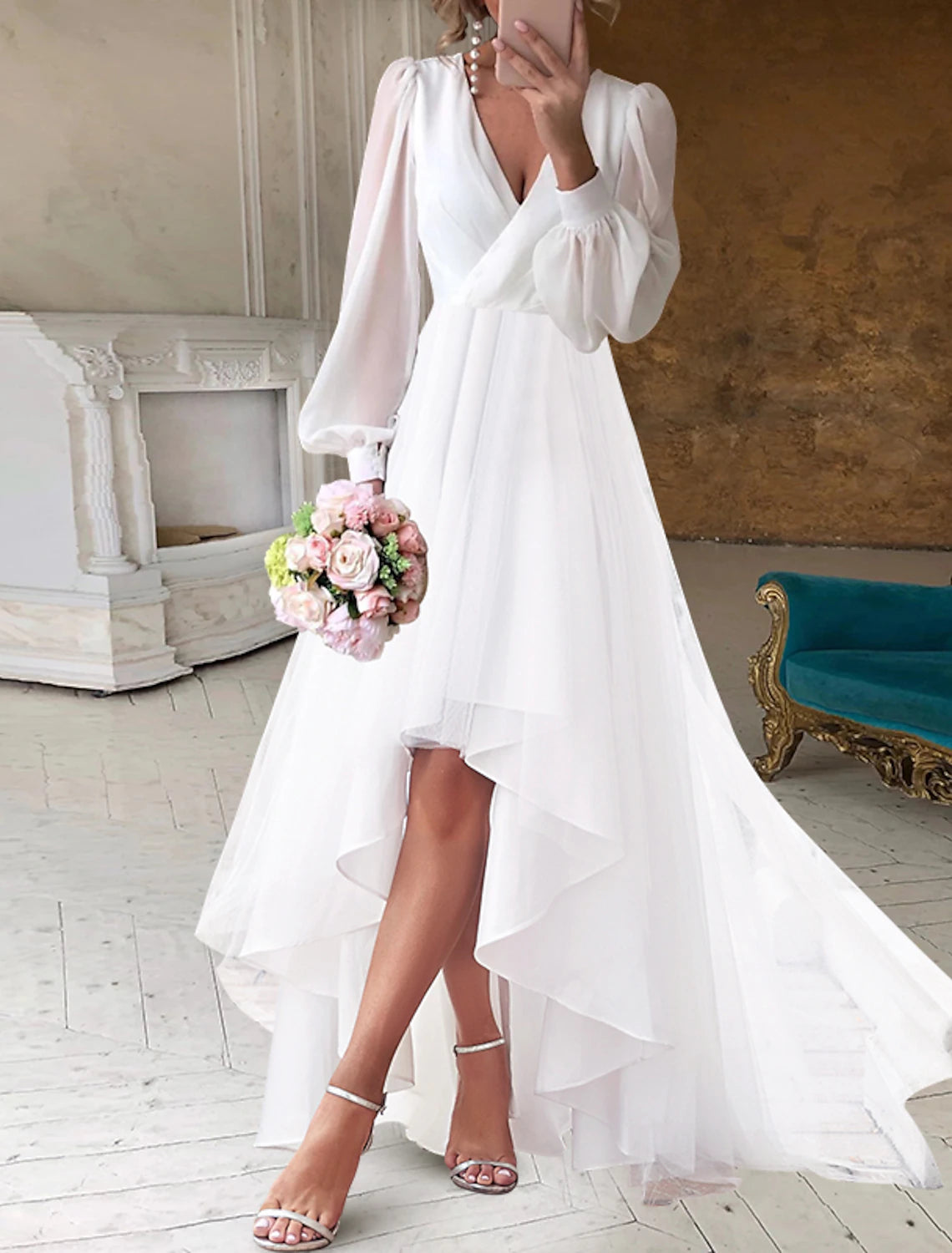 White Dress Simple A-Line V Neck Long Sleeve Asymmetrical Chiffon Wedding Dresses